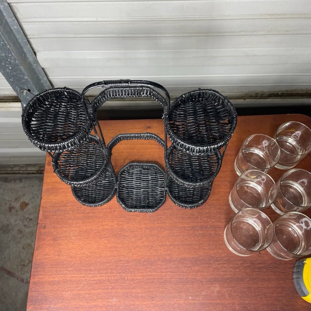 Black Metal and Wicker Tiered Barware Caddy For Sale - Image 4 of 10