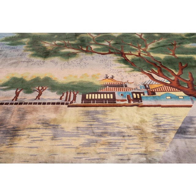 Antique Chinese Art Deco Blue Handmade Pictorial Oversize Wool Rug For Sale - Image 9 of 11