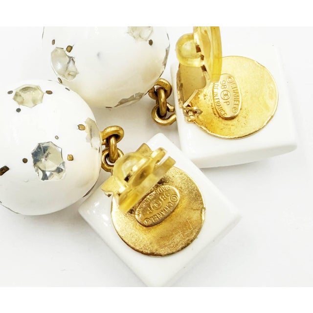 1990s Chanel Vintage Rare Gold Plated White Square Gemstone Crystal Ball Earrings, A Pair For Sale - Image 5 of 5