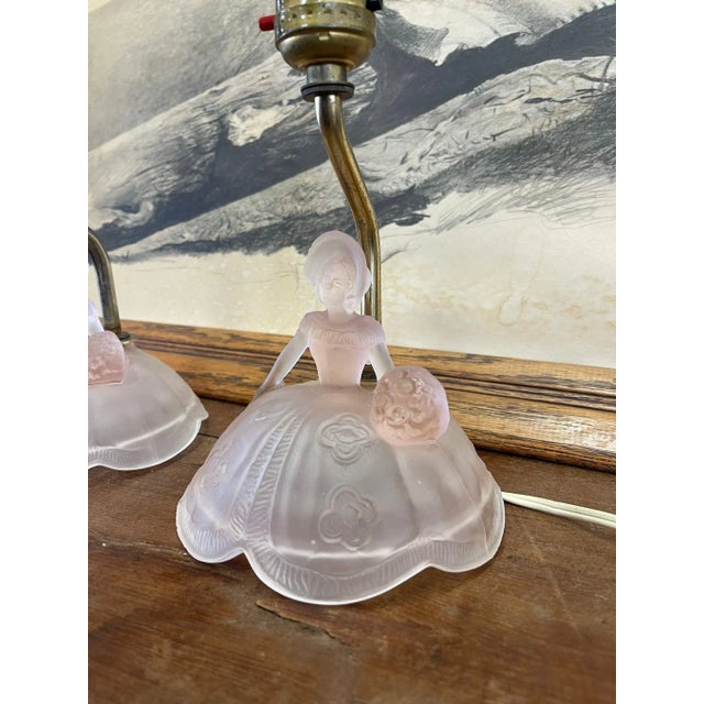 Metal Vintage Pair of Pink Toned Southern Belle Table Lamps With Frosted Glass Base. For Sale - Image 7 of 8