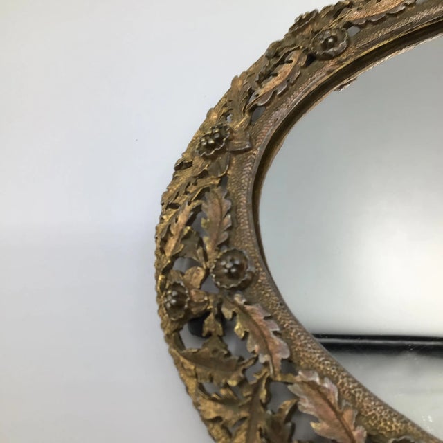 French Art Nouveau Gold Gilt Brass Oval Dresser/Vanity Mirror With Floral Design For Sale - Image 12 of 12