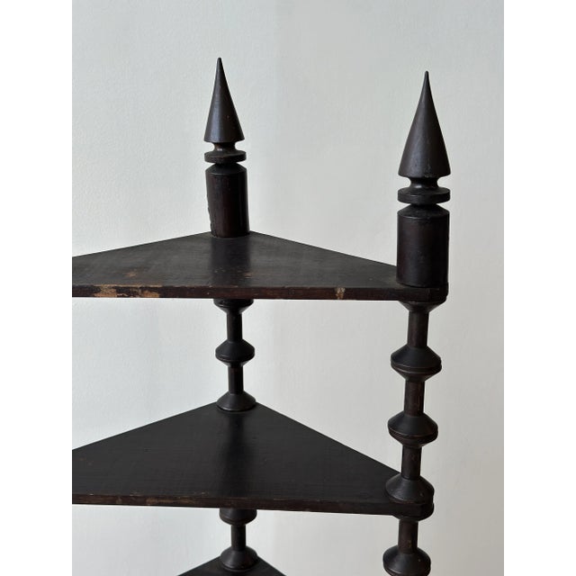 Brown Antique Ebonized Tiered Spool Corner Shelf With Exaggerated Finials, Circa Late 19th Century For Sale - Image 8 of 18