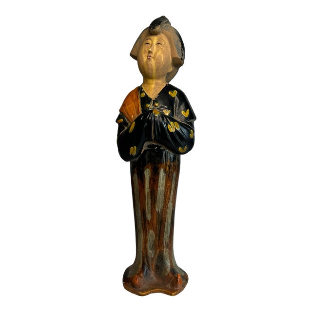 Vintage Asian Female Chinese Tang Dynasty Figurine in Black, Orange and Tan For Sale