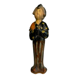 Vintage Asian Female Chinese Tang Dynasty Figurine in Black, Orange and Tan