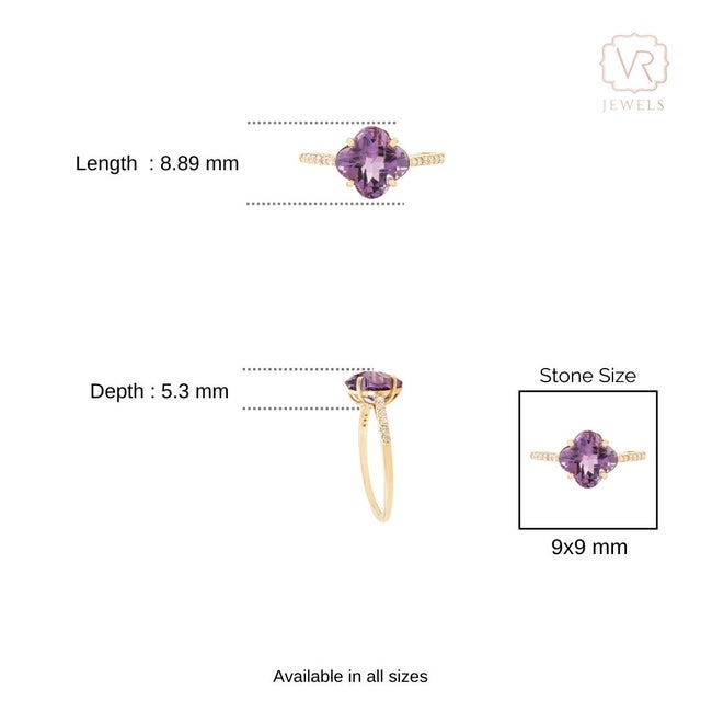 VRJewels 14k Yellow Gold Clover Amethyst Diamond Cocktail Ring Size 8 For Sale - Image 9 of 13