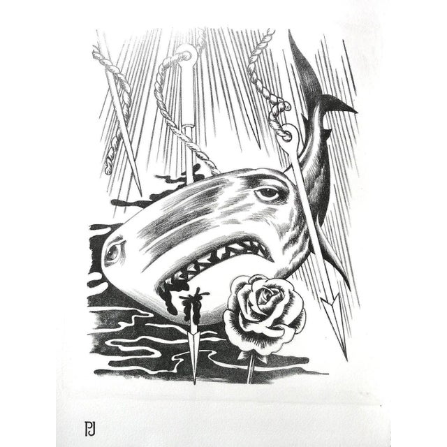 Lithographic print / black ink printed on 240gr johanot paper. Role reversal in this melancholic version: a shark pierced...