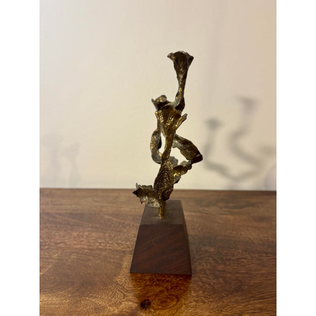 Wood Vintage Brutalist Candelabra by Menachem Berman, Israel, Bronze and Walnut For Sale - Image 7 of 7