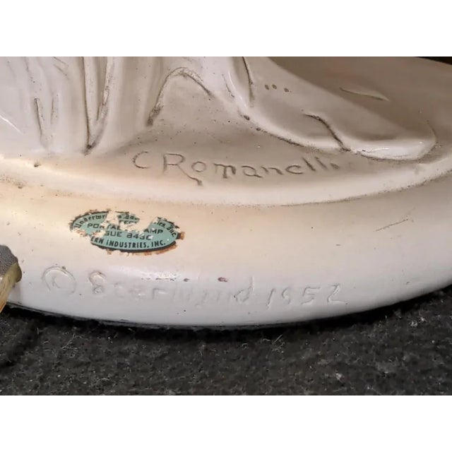 Figurative Pair 1952 Signed C. Romanelli/Stern Ind. Polynesian Male & Female Figural Lamps W/ Shades For Sale - Image 3 of 13