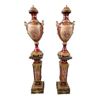 French Porcelain Vase on Pedestal – Burgundy Garniture With Gold Leaf, Bronze Details & Romantic Scenes For Sale