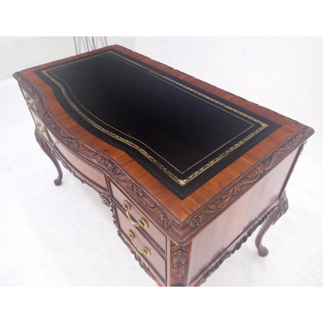Carved Mahogany Embossed Black Leather Top Petit Compact 5 Drawers Desk MINT For Sale - Image 11 of 14