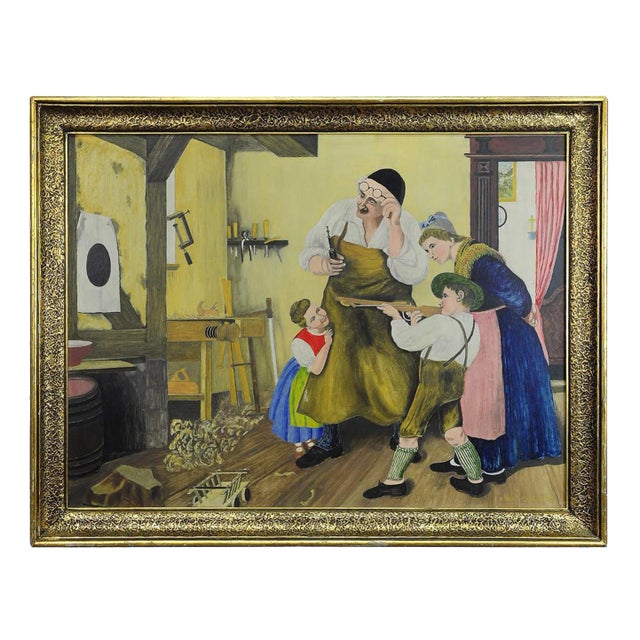 W. Melchinger, Bavarian Folksy Scene in Joinery, Oil on Cardboard For Sale