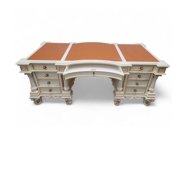 Vintage Custom Venetian Antique Rococo Style Antique White Carved Hand Painted with Leather Top 9 Drawer Executive Desk...