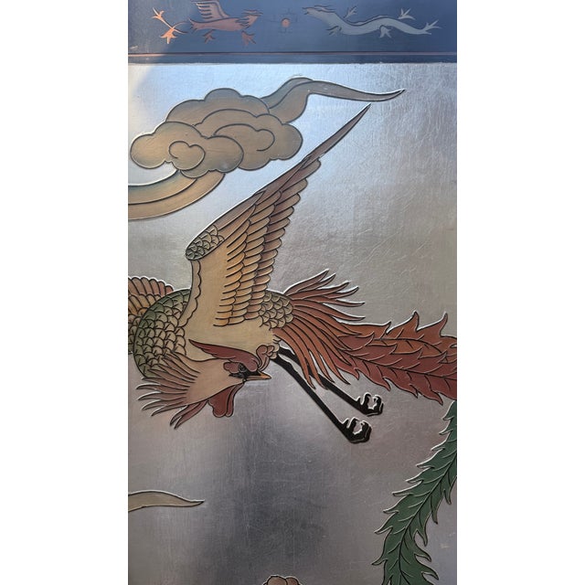 Vintage Chinoiserie Four-Panel Phoenix Folding Screen With Silver-Tone Ground For Sale - Image 14 of 15
