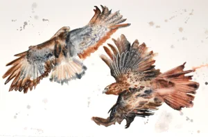 "Flying Hawks" - Original Birds of Prey Watercolor Ink Painting by Elizabeth Becker