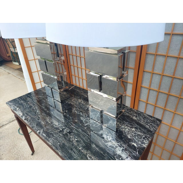 1980s Pair of 1980s Chrome Stacked Geometric Table Lamps Possibly in the Style of Curtis Jere For Sale - Image 5 of 12