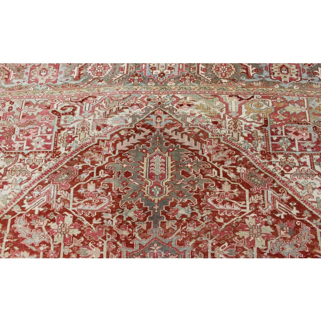 Gray Green, Taupe Border, Soft Red Heriz With Geometric Medallion 11'6 X 14'5 For Sale - Image 14 of 16