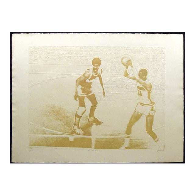 1980s Ted Thomas "One on One" Hand Signed & Numbered Etching of Basketball Players For Sale