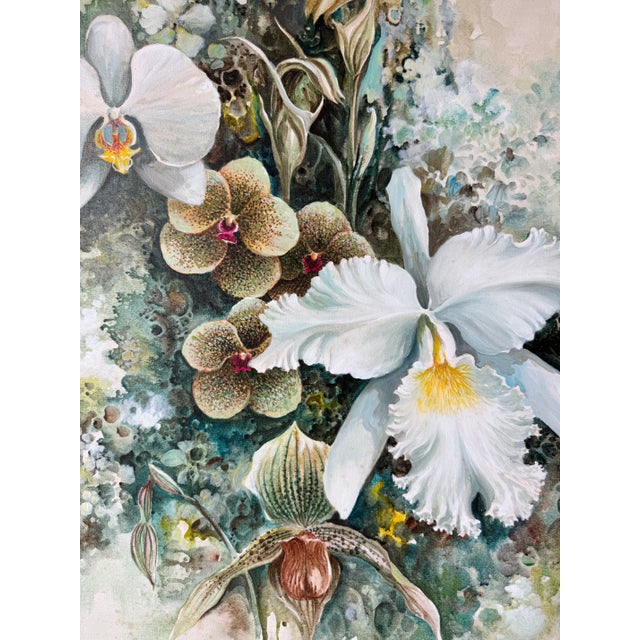 Realism 1970’s Vintage Tropical Botanical Orchid Landscape Oil on Canvas Painting, Framed For Sale - Image 3 of 12