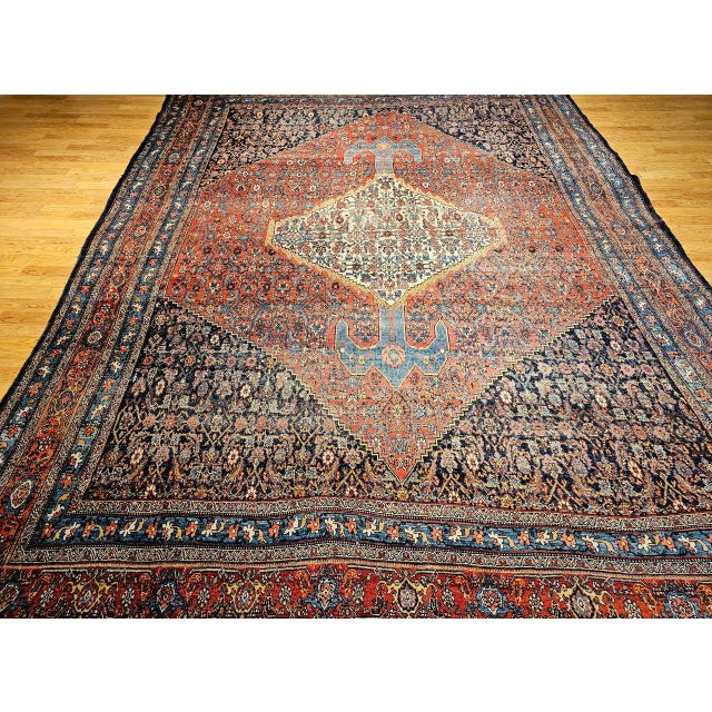 19th Century Oversized Persian Bidjar Rug, Hand-Knotted Wool, Geometric Herati Pattern, Red & Blue, 13x18 For Sale - Image 4 of 18