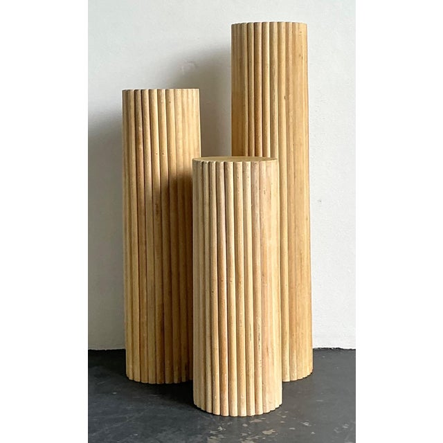 Wood Vintage Ribbed Wood and Rattan Medium Pedestal For Sale - Image 7 of 15