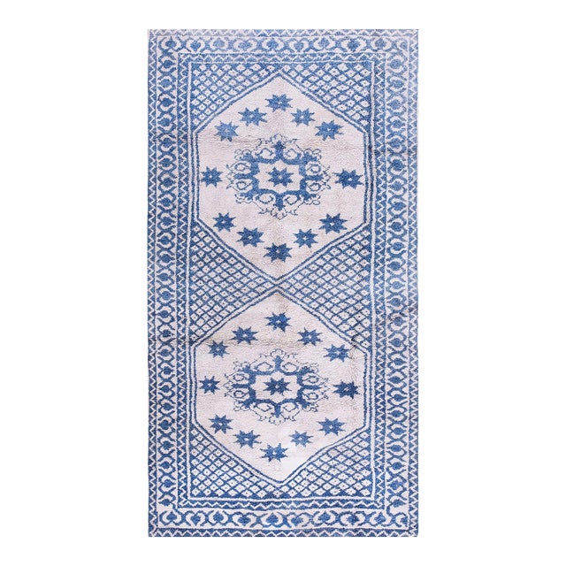 1900s Blue Geometric Antique Indian Agra Cotton Rug 4'2"x 7'9" Knotted Carpet For Sale