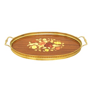 Vintage Florentia Marquetry Drink Tray With Brass Rim For Sale