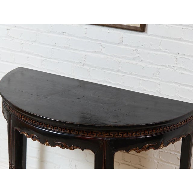 Paint Antique Chinese Black Lacquer Demi-Lune Console Table For Sale - Image 7 of 9