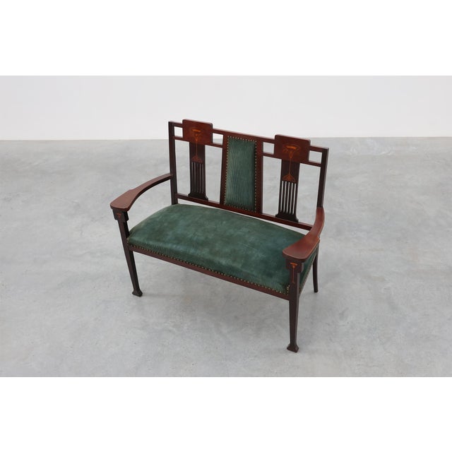 Art Nouveau Walnut Settee with Floral Marquetry, Belgium, 1890s For Sale - Image 10 of 15