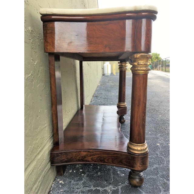 20th Century Marquetry Console Table With White Carrara Marble Top & Two Drawers For Sale - Image 12 of 13