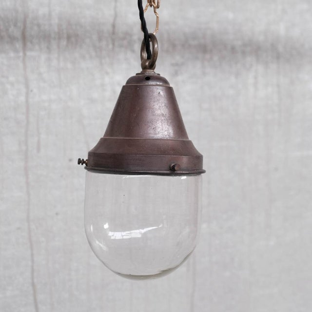 Metal Small Industrial Brass and Clear Glass Pendant Lamps, 1930s, Set of 2 For Sale - Image 7 of 9
