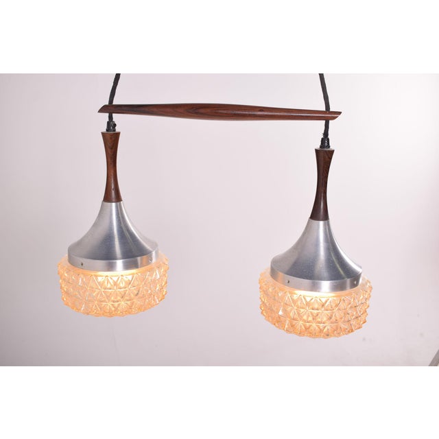 Mid-Century Rosewood, Metal and Glass Dual Pendant Lamp For Sale - Image 4 of 11