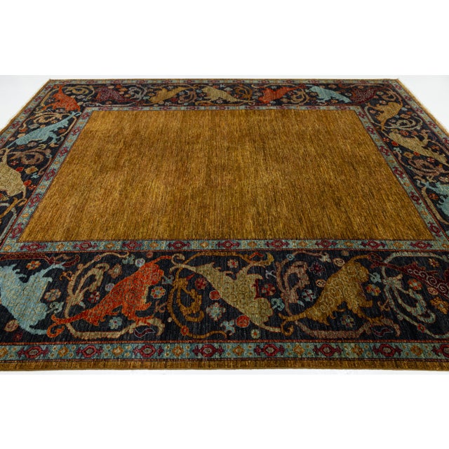 Tan 9x12 Modern Bidjar Style Hand-Knotted Wool Rug - Golden Ochre & Midnight Navy For Sale - Image 8 of 11