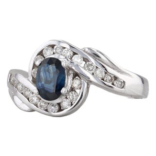 1ctw Blue Sapphire Diamond Bypass Ring 14k White Gold Size 7 Engagement For Sale