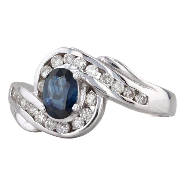 1ctw Blue Sapphire Diamond Bypass Ring 14k White Gold Size 7 Engagement For Sale