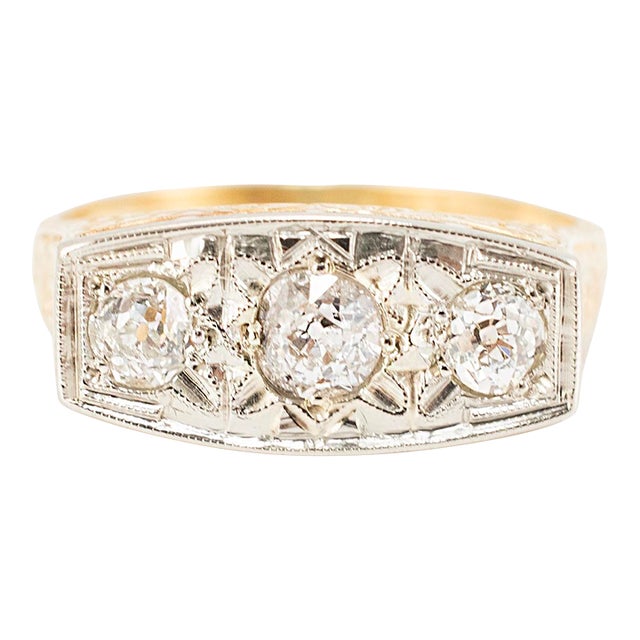 Antique Art Deco 18k & 14k Gold 0.70ct Old Diamond Three Stone Engagement Ring, Size 8 For Sale