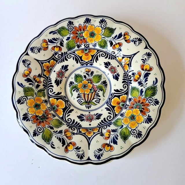 1980s Vintage Royal Goedewaagen Dutch Delft Polychrome Hand-Painted Floral Charger For Sale - Image 5 of 5