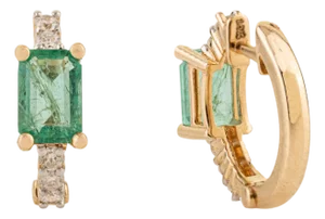 Contemporary 14k Yellow Gold 1.02 Ct Emerald & Diamond Huggie Hoop Earrings- 2 Pieces