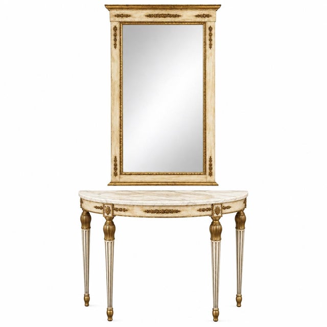 1960s Italian Neoclassical Louis XVI Demilune Marble Top Console Table & Mirror For Sale - Image 5 of 7
