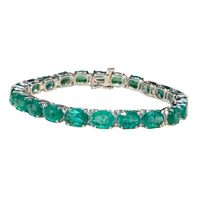 25 Carat Natural Emerald Cocktail Tennis Bracelet 14 Karat White Gold 7" For Sale