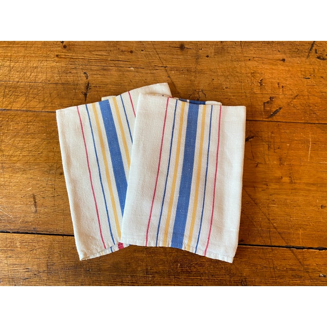 Vintage Linen Multi-Color Striped Tea or Drying Towels, Set of 2, Blue, Red, & Yellow Stripes. Hand hemmed. Excellent...