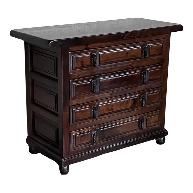 20th Catalan Spanish Baroque Carved Walnut Tuscan Four Drawers Chest of Drawers For Sale
