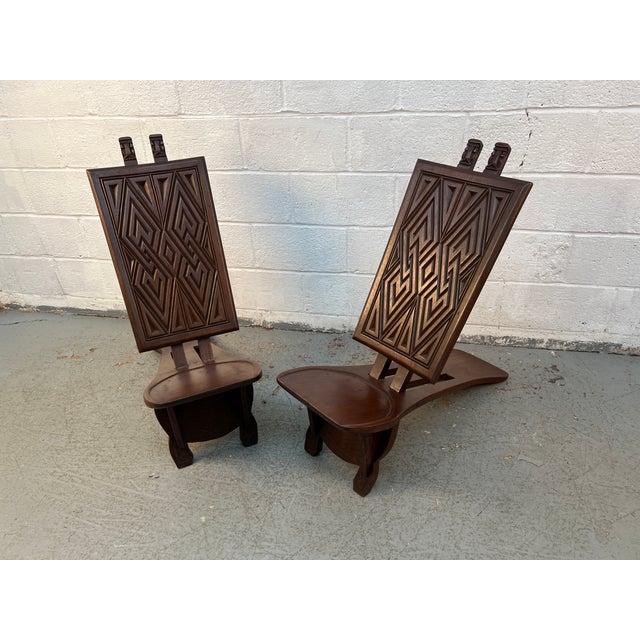 Tribal Mid 20th Century Pair of Geometric Carved Low Slung Tribal Palaver Chief Chairs For Sale - Image 3 of 13