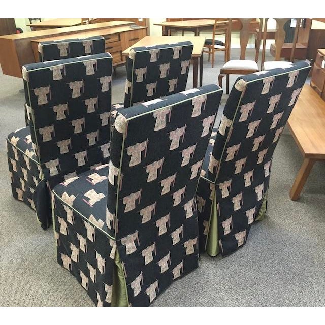 Set of Five Parson Style Custom Chairs With Asian Upholstery, Skirted Bottom With Silk Inner Lining. For Sale In San Francisco - Image 6 of 14