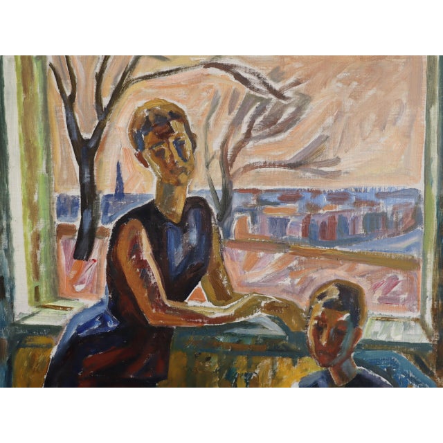 Mid-Century Modern 'Figures at the Window' Vintage Swedish Expressive Figurative Oil Painting, Framed For Sale - Image 10 of 14