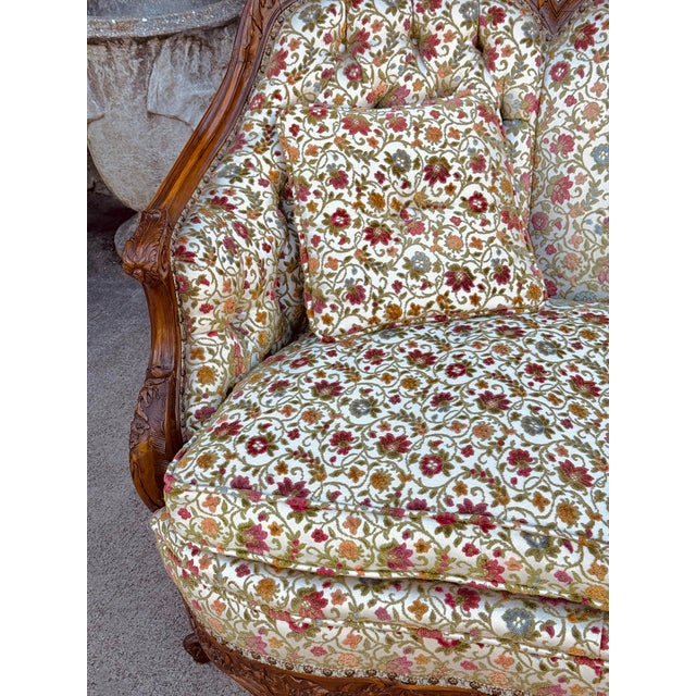 Antique Victorian Walnut Serpentine Cream Floral Upholstered Sofa For Sale - Image 11 of 11