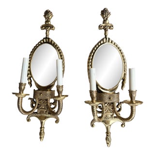 Late 19th Century Ornate Brass Two Candelabra Wall Sconce With Mirror - a Pair For Sale