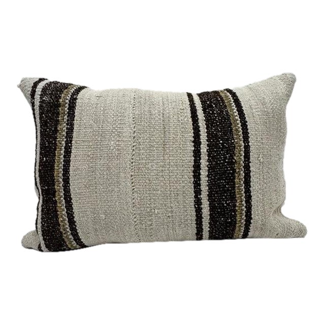 Turkish Hemp Pillow Cushion Natural Cream Black Brown Pillow Cushion Cover 16" x 24" For Sale