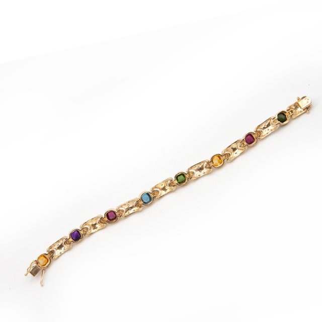 1980s 14k Yellow Gold Multicolor Gemstone and Diamond Link Bracelet For Sale - Image 4 of 12