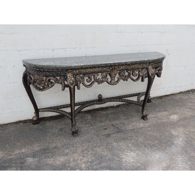 French Painted Black Heavy Carved Marble Top Large Long Console Entry Table 6381 For Sale - Image 10 of 12
