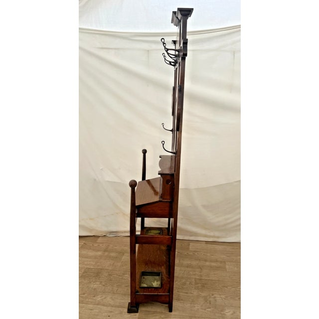 Early 20th Century English Arts & Crafts Quarter-Sawn Oak Hall Tree With Mirror and Umbrella Stand For Sale - Image 9 of 13